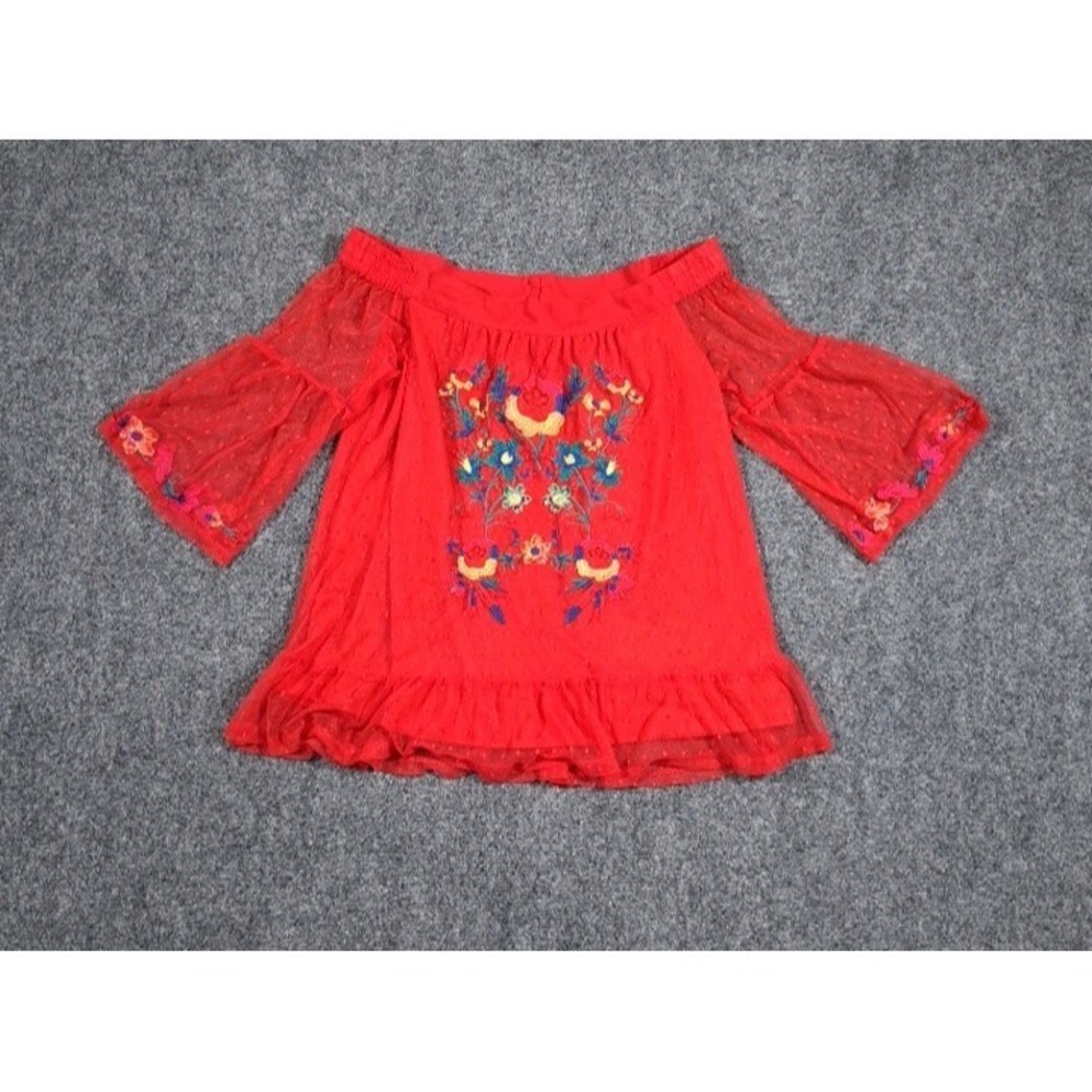 Umgee Red Floral Embroidered Off the Shoulder Swiss Dot Bell Sleeve Blouse S